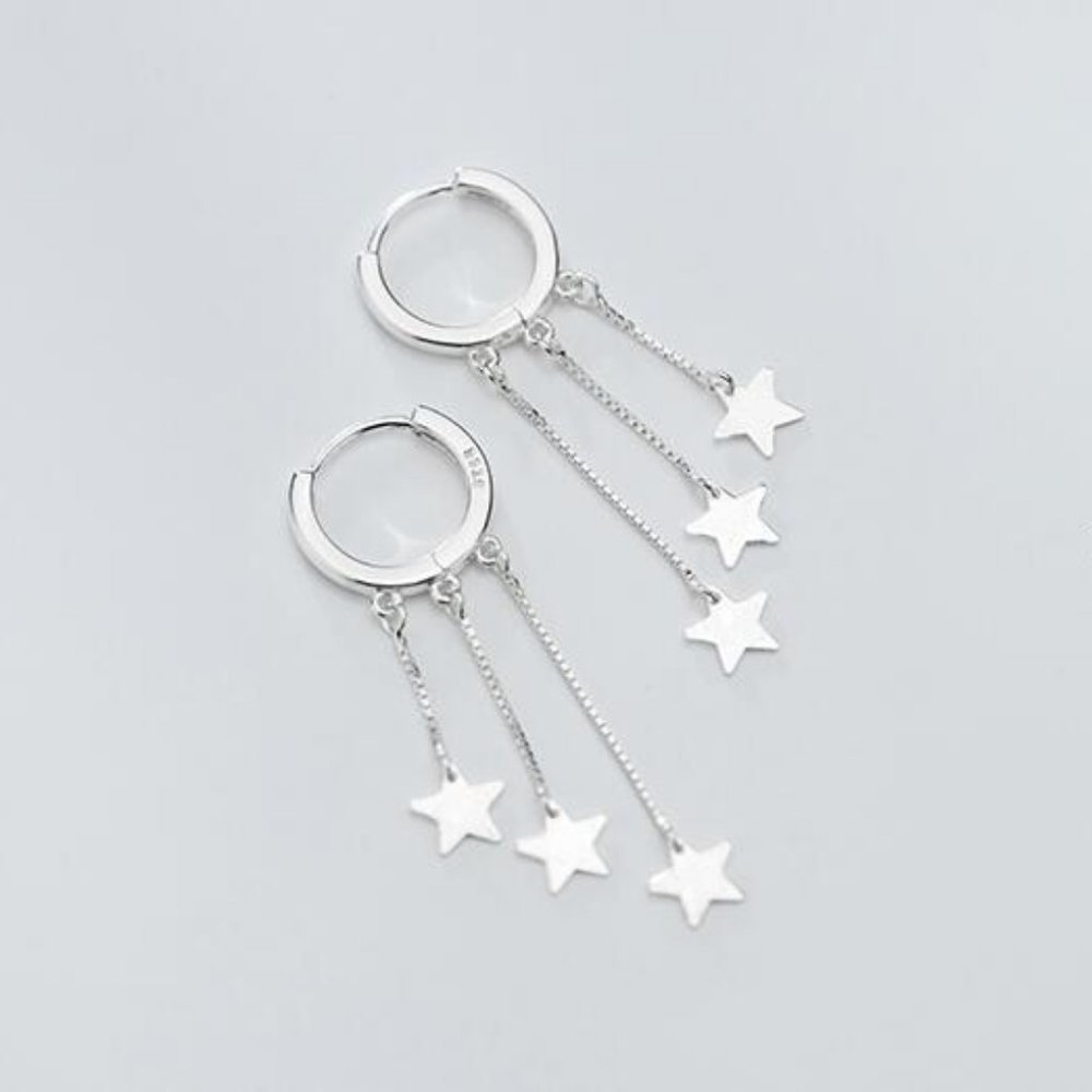 NEW 925 Sterling Silver Star Tassel Hoop Earrings - Picture 5 of 5